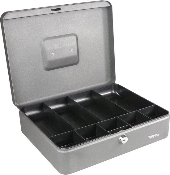 Cassa per monete in metallo argentato, dimensioni 30 x 24 x 9 cm.
