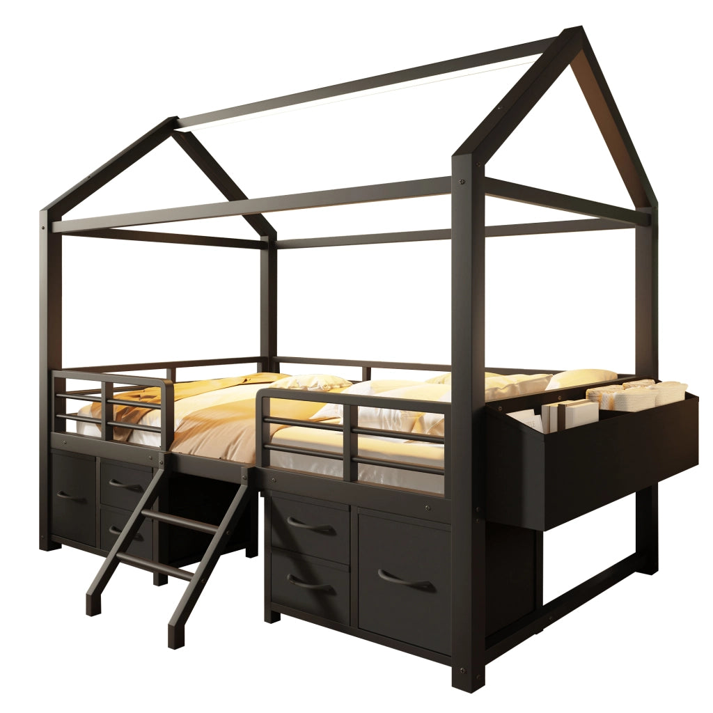 Letto a soppalco 90x200 cm in metallo e MDF; struttura a casetta con cassetti; nero