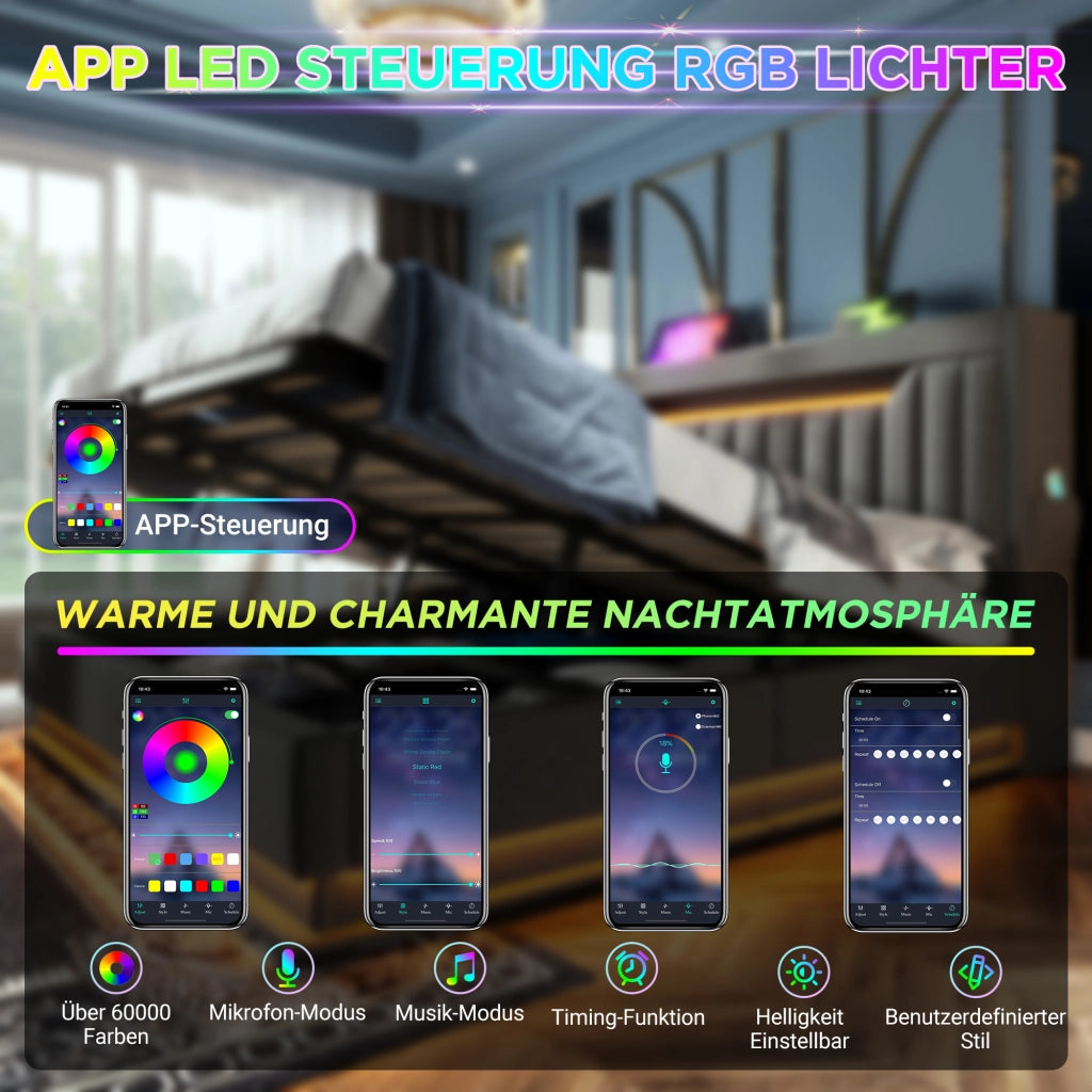 Letto in lino grigio 140x190 testiera contenitore USB/Type-C LED su testiera e pediera vano