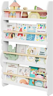 Libreria da Parete per Bambini, Piccola Libreria Frontale a 4 Ripiani in Legno, Scaffale Porta Libri a Muro per Cameretta, Bianco, 60x14,5x98 cm