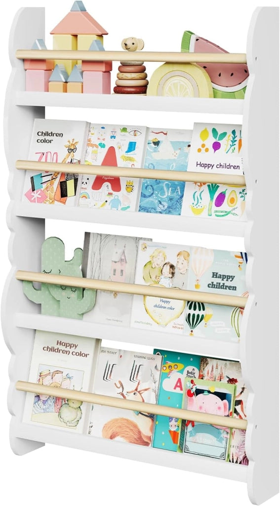 Libreria da Parete per Bambini, Piccola Libreria Frontale a 4 Ripiani in Legno, Scaffale Porta Libri a Muro per Cameretta, Bianco, 60x14,5x98 cm