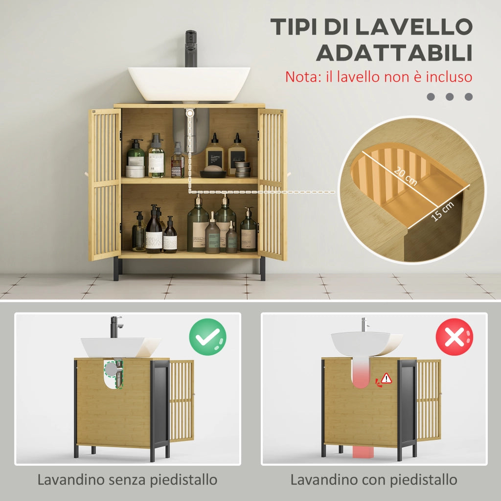 Mobile Sottolavabo Bagno con 2 Ante a Doghe in Legno di Bamb¨´ e MDF con Intaglio a U, 60x30x70cm