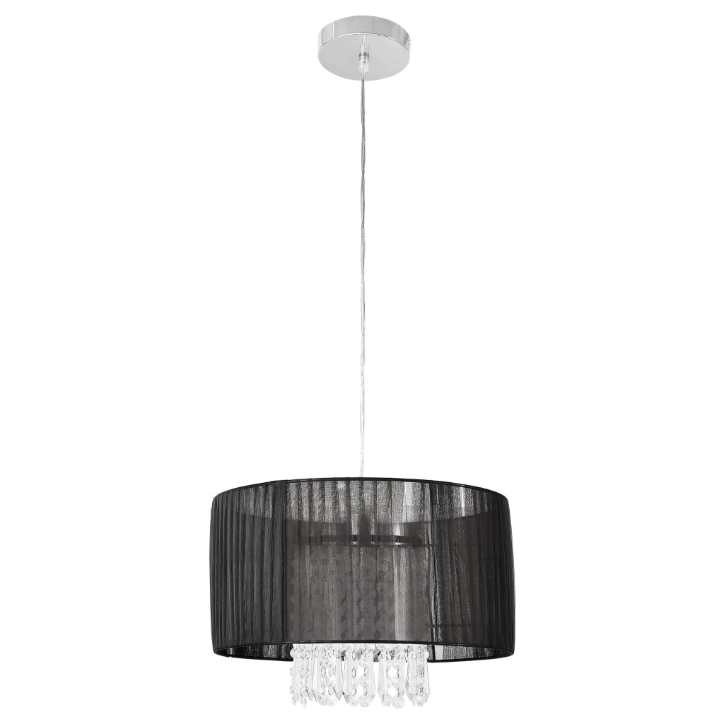 Lampada a Sospensione con Paralume Cilindrico in Tessuto Nero Traslucido e Cristalli Artificiali Lampadario (AxØ) 18 x 35 cm con Illuminazione Mista - lux.pro