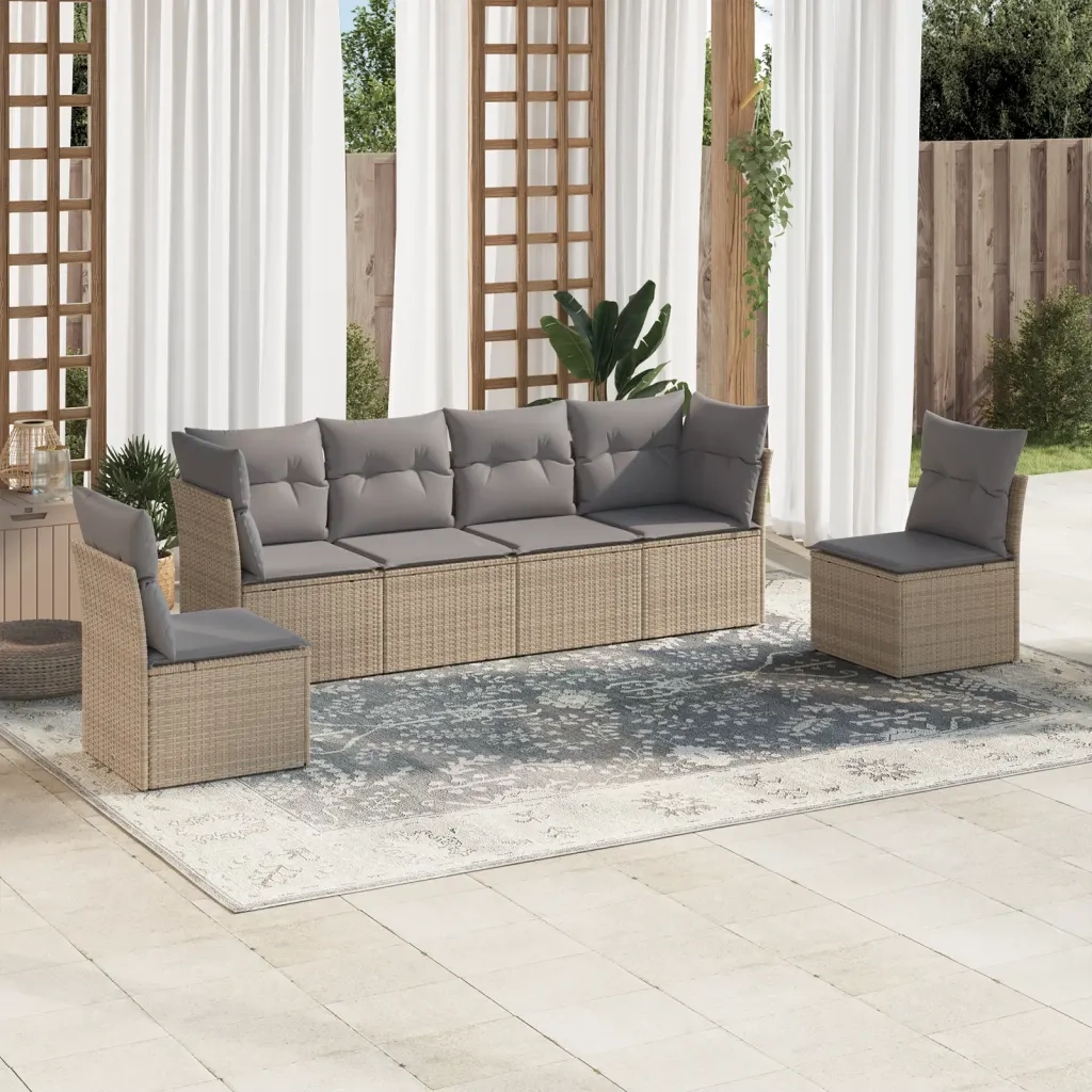 Set Divano da Giardino 6 pz | Set Salotto da Giardino con Cuscini Beige in Polyrattan
