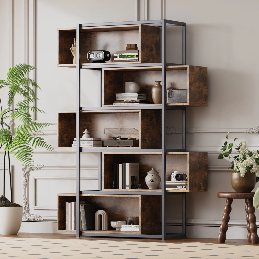 Libreria a 5 ripiani in MDF marrone e nero 121x35x176 cm con sistema antiribaltamento