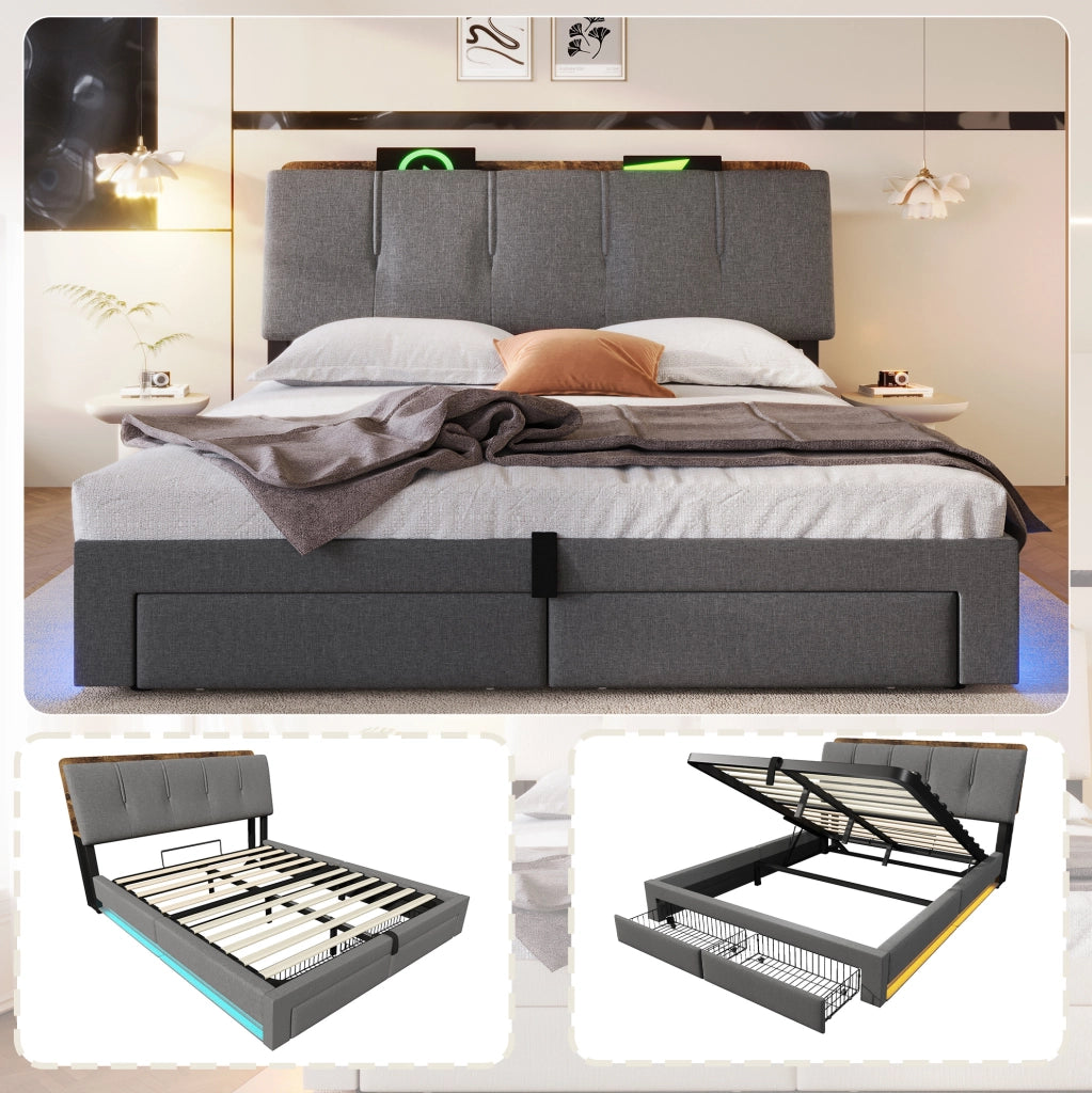 Letto imbottito 140x200 cm con contenitore, USB, LED e testiera con vani