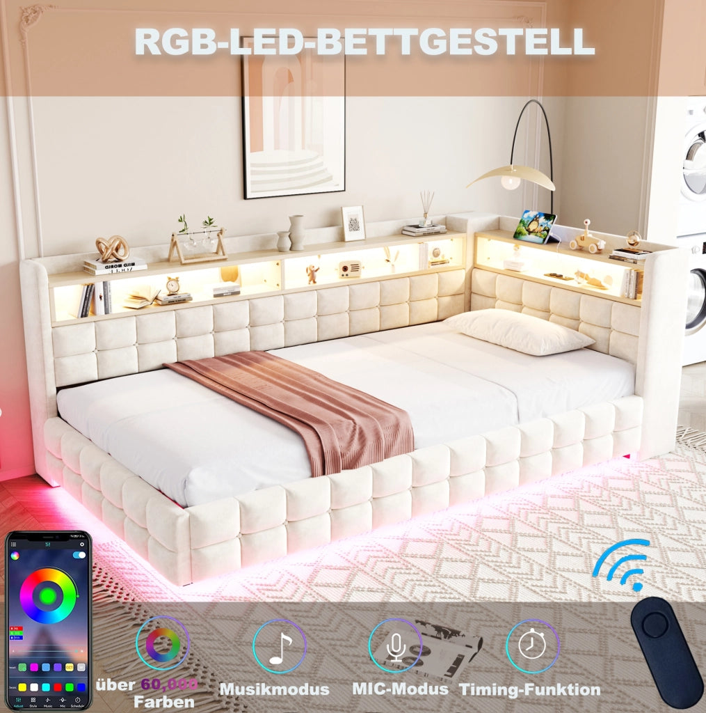 Letto singolo imbottito 90x200 cm con contenitore idraulico; LED e prese; beige