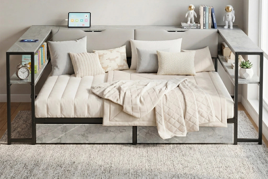 DESMIU Letto matrimoniale 140 × 200 cm con USB, Type-C, 2 cassetti e vani, senza materasso, grigio