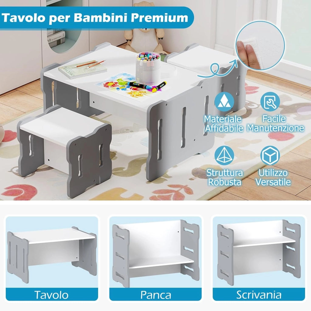 Set Tavolo e Sedia per Bambini, Set 3 Pezzi per Bambini con 2 Sgabelli e Tavolo Attività, Angoli Arrotondati e Maniglia, Mobili Multifunzionali per Casa, Scuola e Asilo (Grigio)