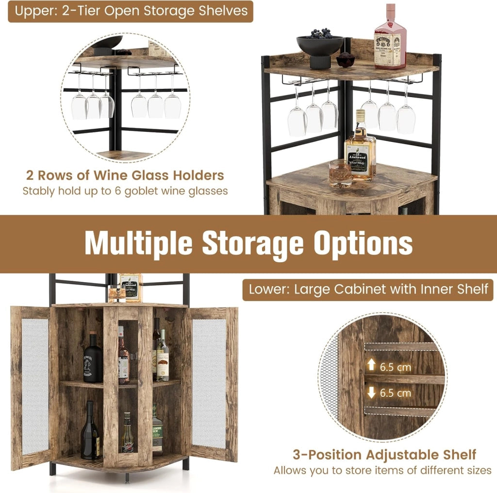 Armadietto Angolare Industriale Da Bar Con Supporto In Vetro, Armadietto Da Vino Con Ripiano Regolabile, Portabottiglie Vino Da Cucina Con Protezione, 130x47,5x47,5 cm (Grigio Quercia)