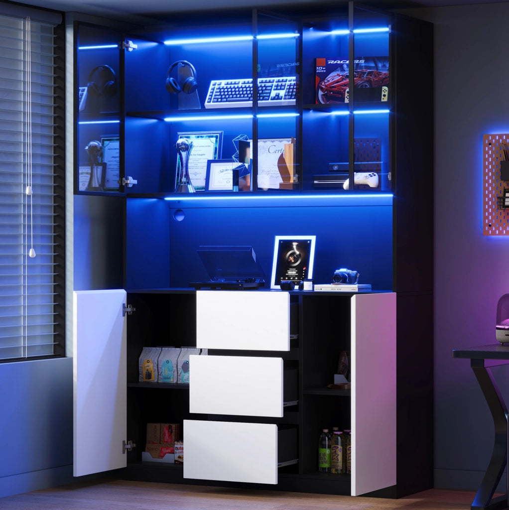 Vetrina in vetro con LED 120x40x200 cm; MDF nero; con ripiani aperti; 3 cassetti e 2 ante