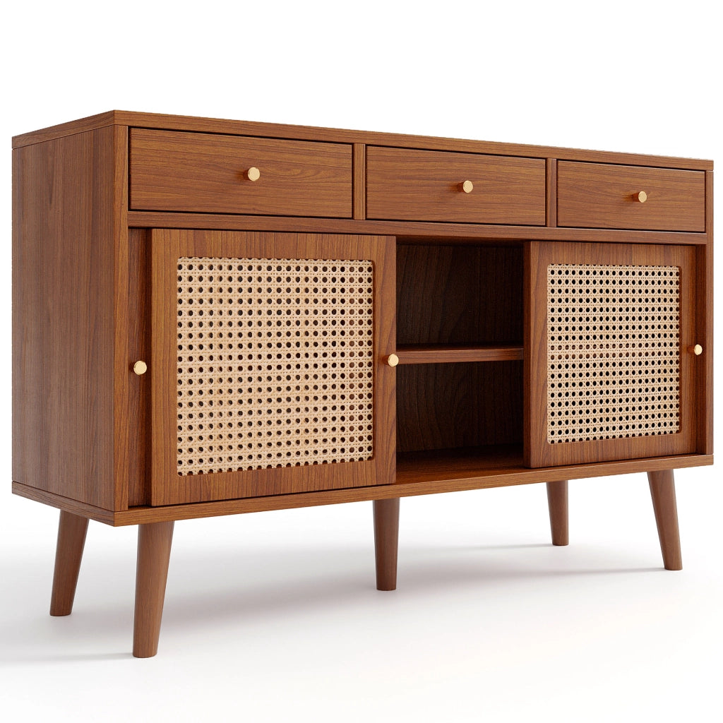 Credenza con Cassetti e Ante Scorrevoli in Rattan ¨C MINIMAL ¨C Noce, Metallo Dorato, 120x40x78