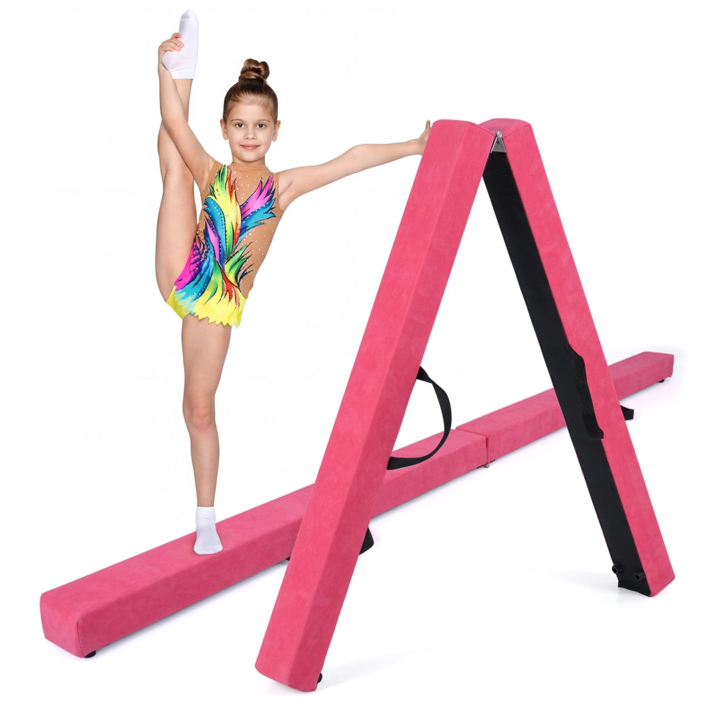 Trave da ginnastica pieghevole 210 cm con solida base di legno, Trave di equilibrio portatile con maniglie Rosa scuro