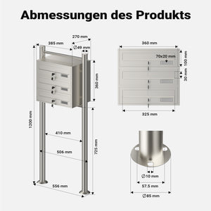 Cassetta postale condominiale autoportante 3 posti, acciaio inox, 1 modulo, 556 x 270 x 1200 mm