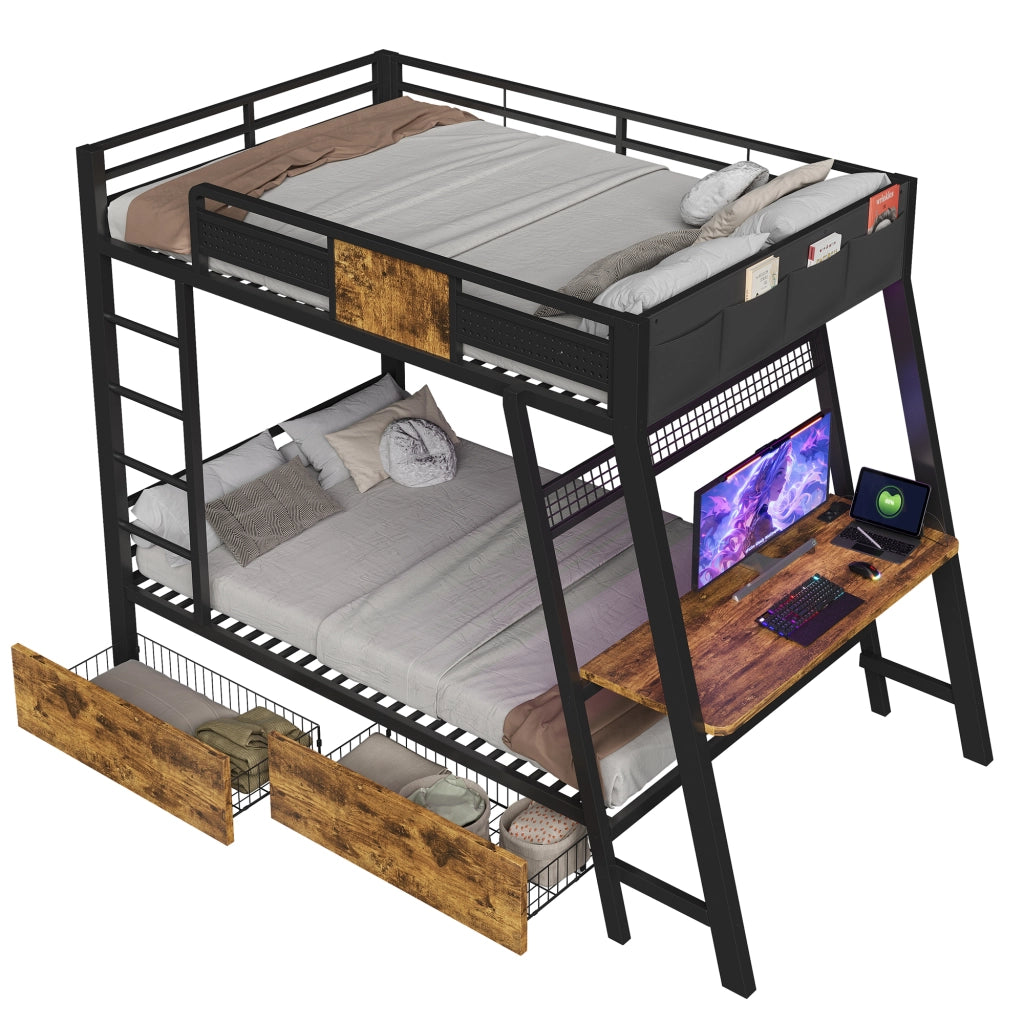 Letto a castello in metallo con scrivania integrata, LED e contenitori, 90x200 cm, nero
