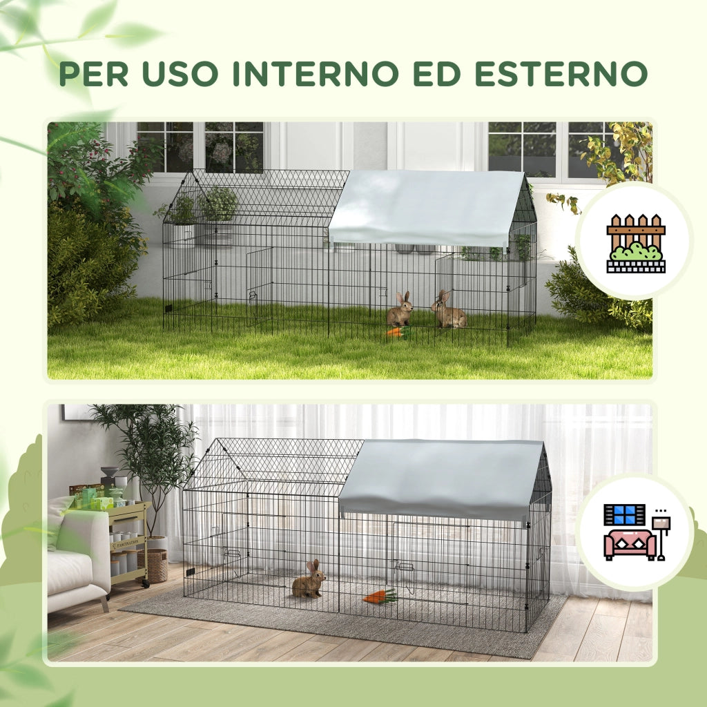 Gabbia per Conigli da Esterno e Interno a Casetta con Tettuccio, 220x85x103cm, Argento