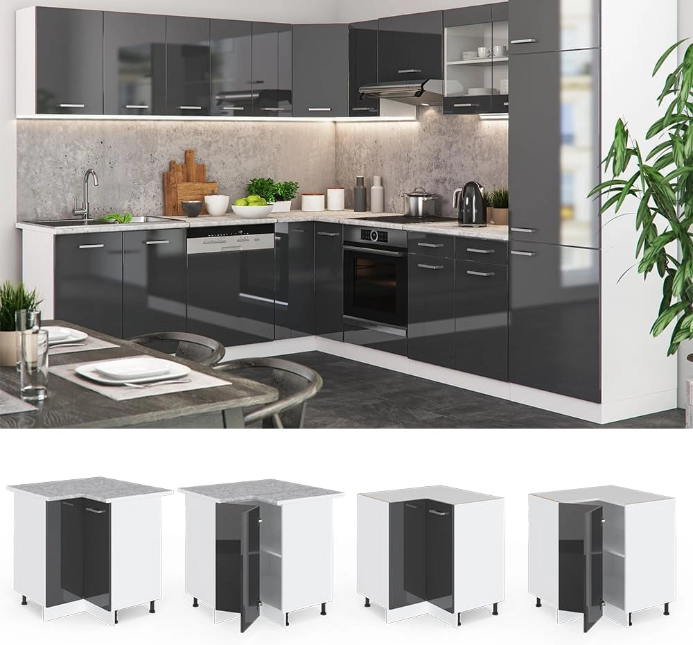 Mobile ad angolo cucina R-Line, Antracite lucido, 75.6 cm senza piano di lavoro, per la libera combinazione all'interno di sistemi cucina modulari