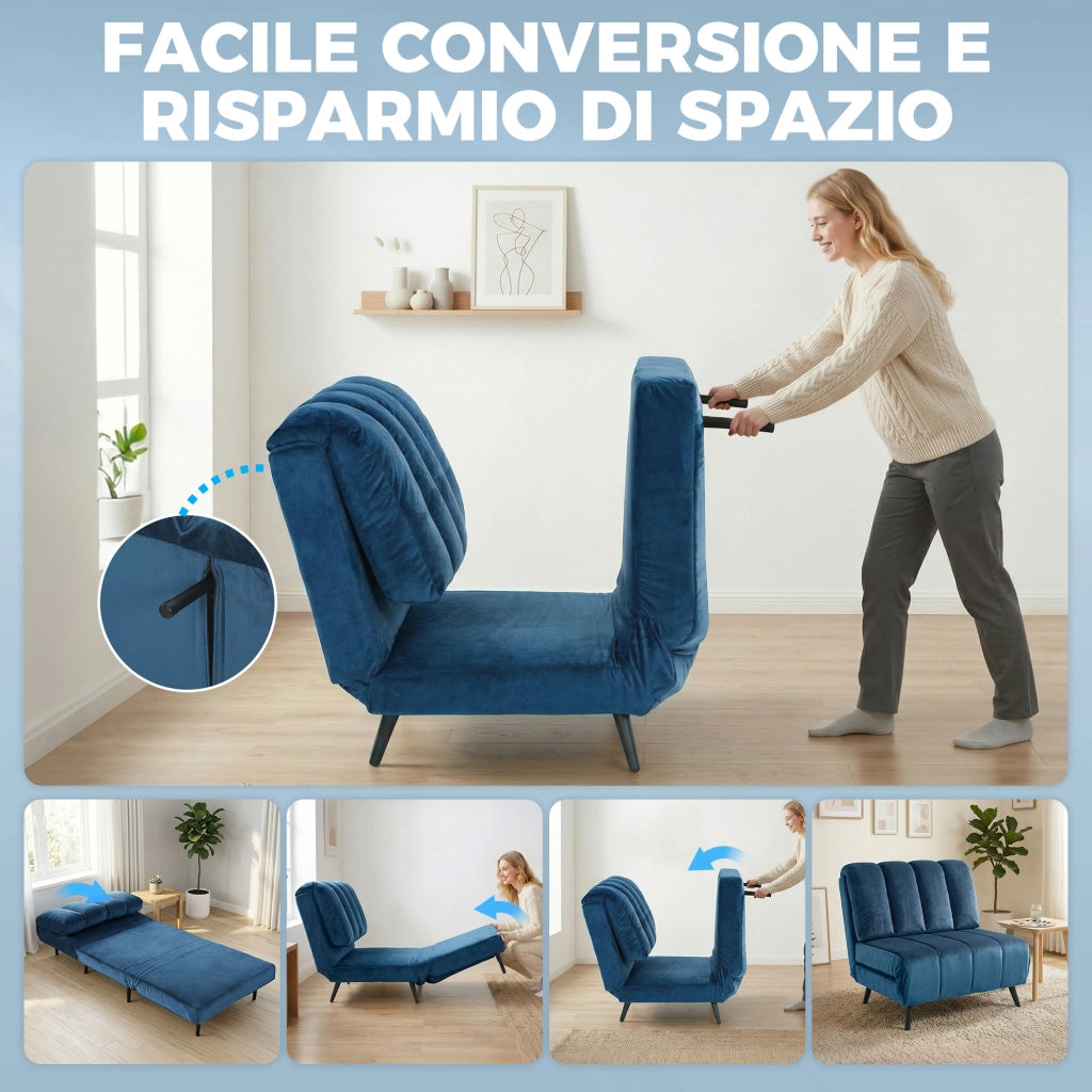 Poltrona Letto Pieghevole 88x92x88 cm Trasformabile con Schienale Regolabile in Velluto Blu