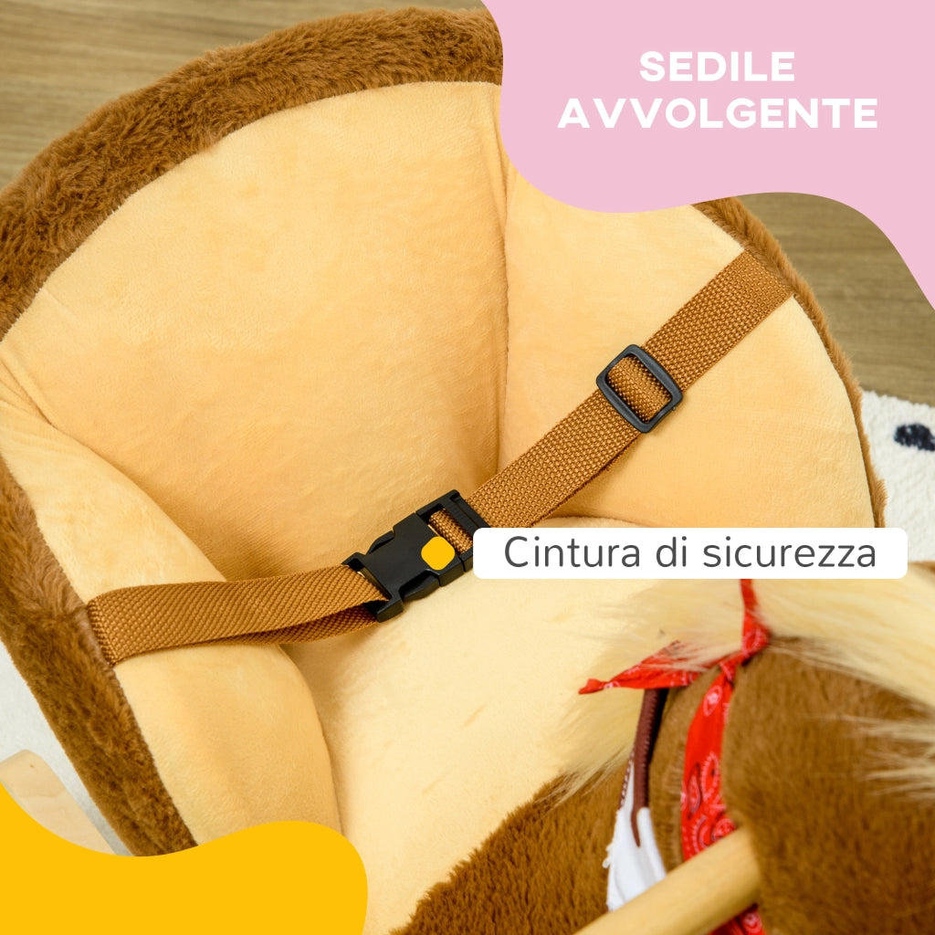 Cavallo a Dondolo per Bambini da 18-36 Mesi con Suoni Realistici, 60x33x50 cm, Marrone e color Legno