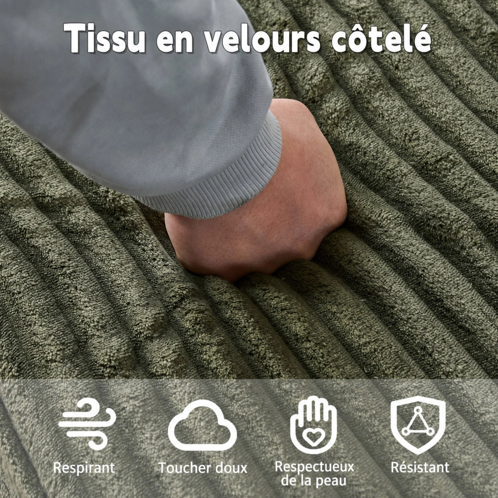 Divano letto da pavimento con chaise longue in velluto a coste verde; 3 cuscini e coperta 2 in 1