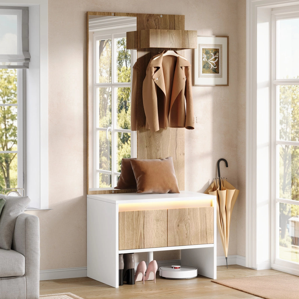 Mobile ingresso con specchio; appendiabiti e 2 cassetti; panca contenitore per ingresso; in truciolare; 60×38×145 cm
