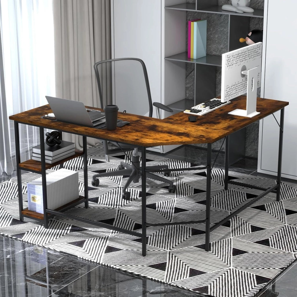 Scrivania Angolare 138 CM, Scrivania ad Angolo con 2 Prese, 2 Porte USB, Telaio in Acciaio al Carbonio e Ripiano a 2 Livelli Rimovibile, Scrivania Salvaspazio da Ufficio e Casa (Marrone)