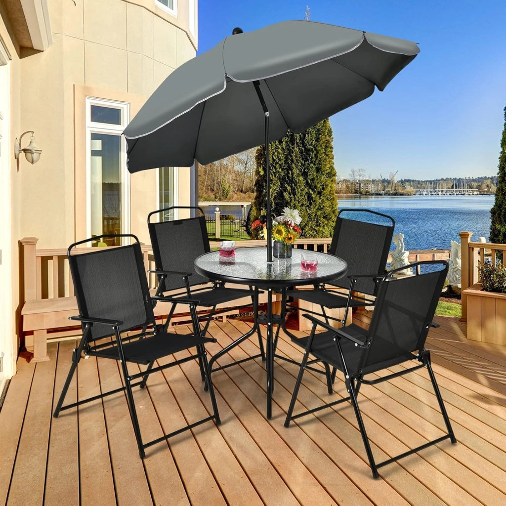 Set di Mobili da Giardino da 6 Pezzi, Tavolino da Caffè con Ombrellone, Piano in Vetro Temperato e 4 Sedie Pieghevoli, Set da Pranzo da Patio Terrazza Bordo Piscina