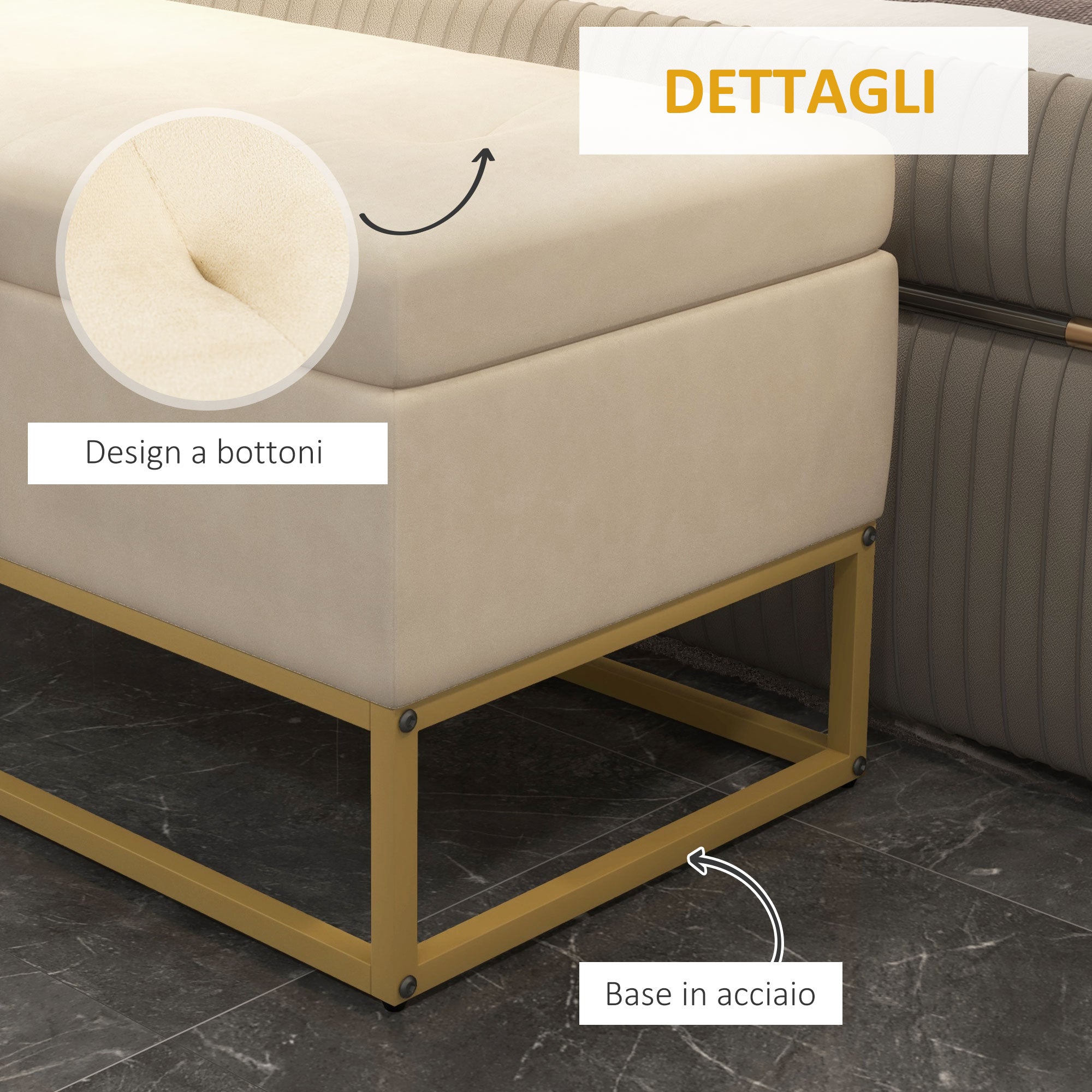 Panca Contenitore Rettangolare 110x44x49 cm con Seduta Imbottita e Gambe in Acciaio Beige
