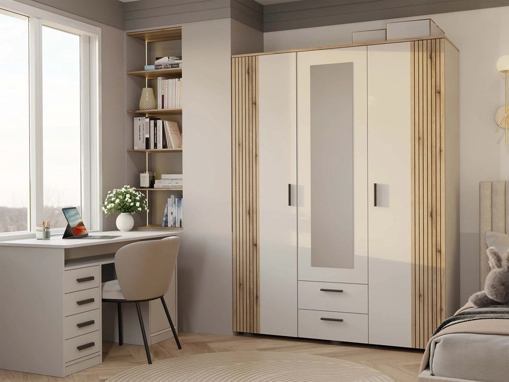 Armadio AVA 150 cm specchio 2 cassetti scanalato frontale rovere EVOKE cashmere beige guardaroba
