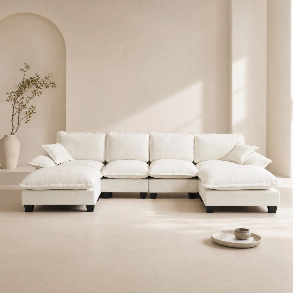 Divano modulare a U con ispirazione a vela, pouf mobile e braccioli rimovibili, in chenille beige, 332 × 151 × 90 cm