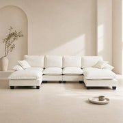 Divano modulare a U con ispirazione a vela, pouf mobile e braccioli rimovibili, in chenille beige, 332 × 151 × 90 cm
