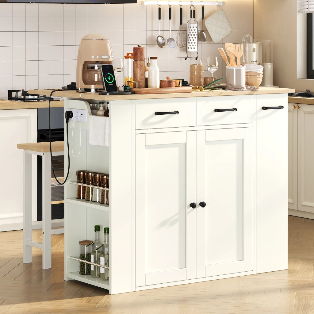 Isola Cucina con Tavolo Estensibile 120×45-75 cm; 2 Sgabelli; Ripiani Regolabili; Cassetti e Prese AC/USB Bianco