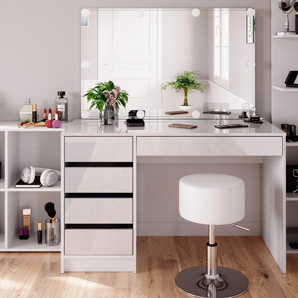 Vicco Tavolino da toilette Bianco 5 pezzi, con ripiano portaoggetti, ripiano in piedi, specchio, sgabello, LED