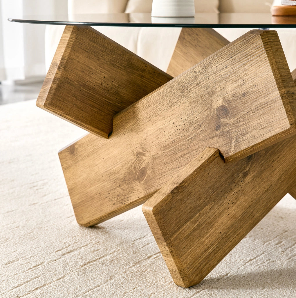 Tavolino rotondo Ø 79 cm color legno in MDF e vetro temprato