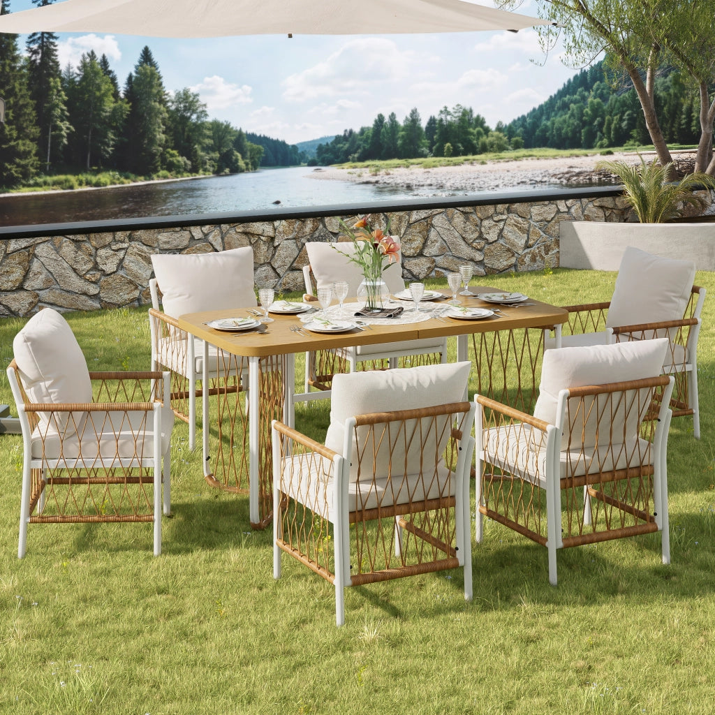 Set da giardino in rattan con tavolo lungo e 6 sedie con cuscini
