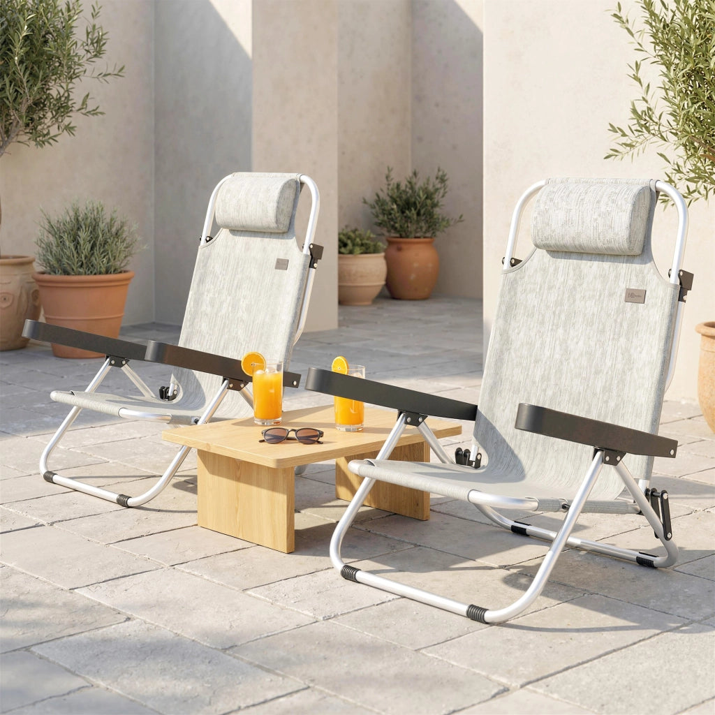 Set 2 Sedie a Sdraio Pieghevoli 62x61x80 cm Reclinabili su 4 Posizioni con Poggiatesta in Alluminio Grigio