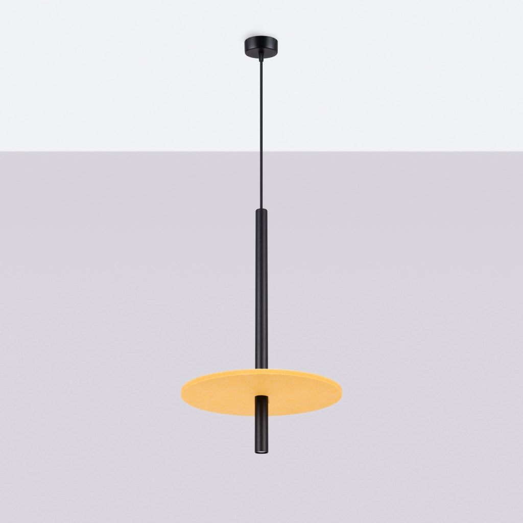 Lampada a sospensione TESSIO nera con disco feltro giallo G9