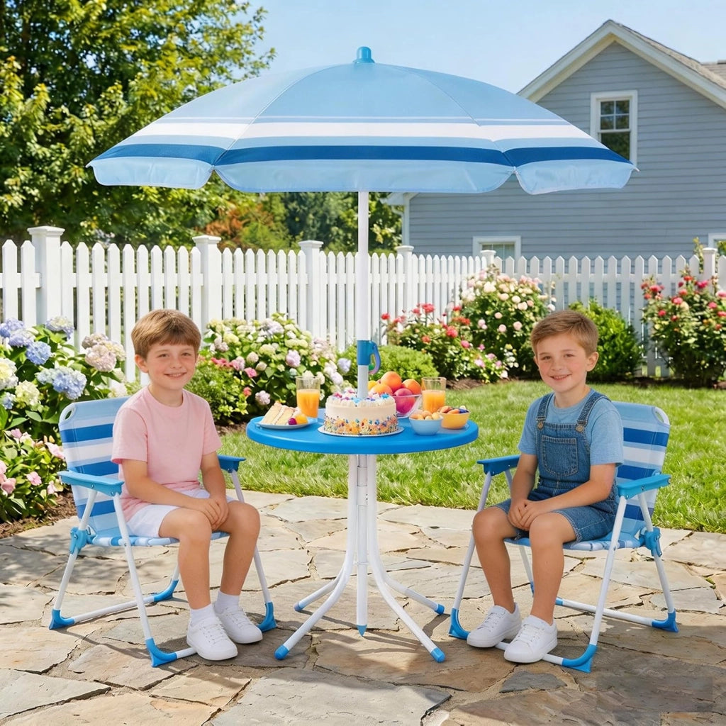 Set Tavolo e Sedie da Giardino per Bambini con Ombrellone (Blu) | Set da Esterno per Bambini 4 Pezzi con Tavolino Rotondo, 2 Sedie Pieghevoli e Ombrellone Regolabile in Altezza per Campeggio