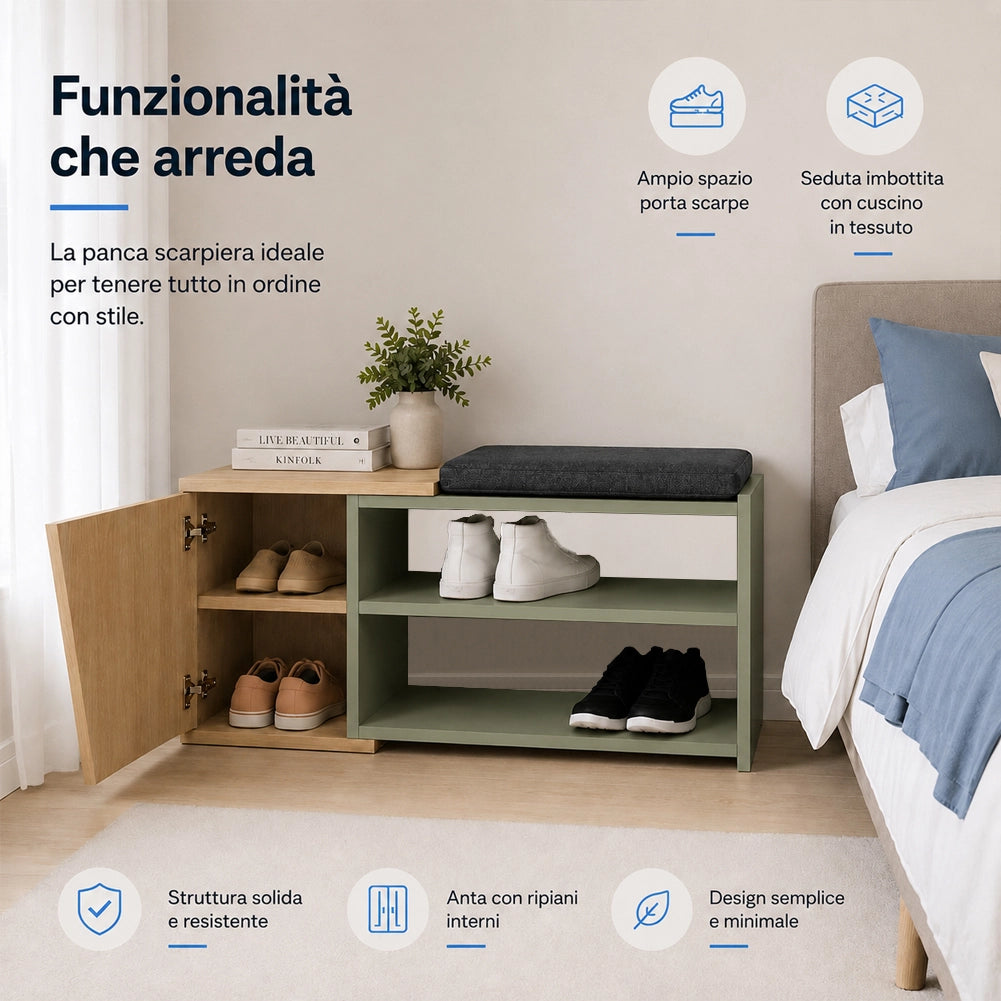 Panca Scarpiera Ingresso Casa 2 Ripiani Porta Scarpe con Anta e Cuscino Verde
