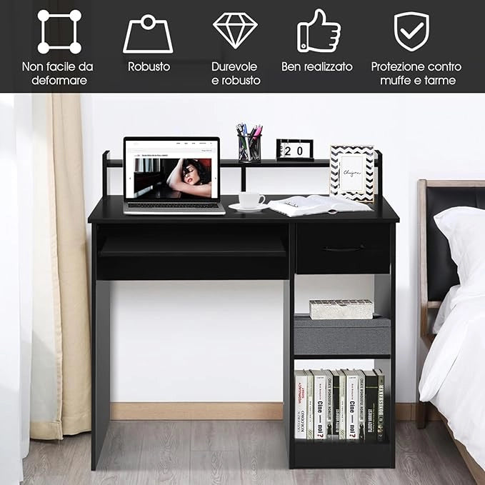 Scrivania da Studio con Cassetti, Tavolo Porta PC per Computer Moderno, con Ripiani, Legno (Nero)