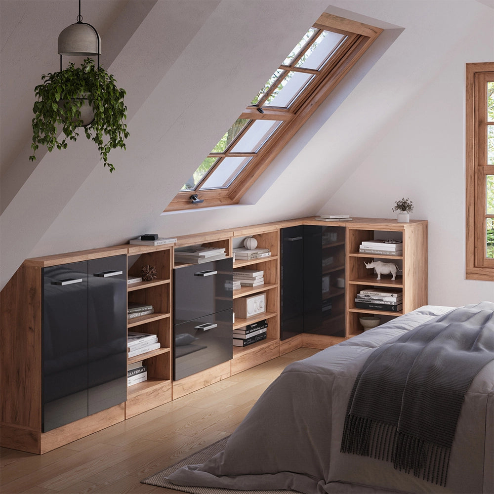 Mobile cucina angolare per sottotetto R-Line Antracite lucido/Rovere dorato 75.6 cm con 1 porta Vicco