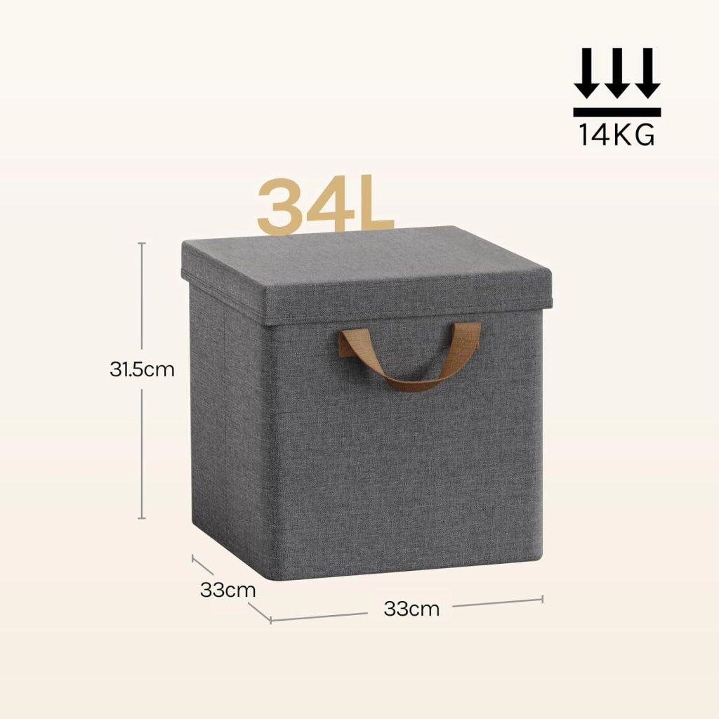 Scatole Contenitori Pieghevoli Set di 10, Cubi in Tessuto con Manico, Coperchio e Struttura in Metallo, Organizer per Armadio e Scaffale, Grigio, 33x33x31,5cm