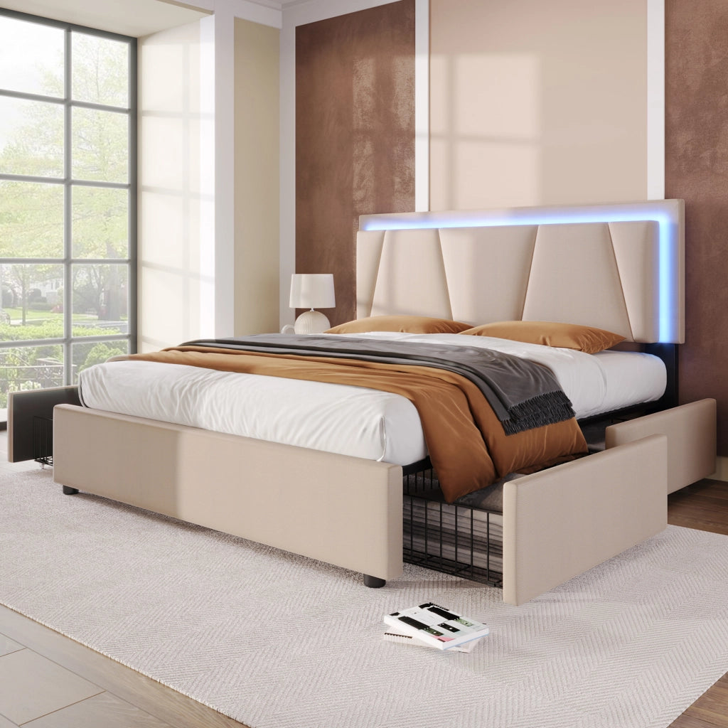 Letto imbottito con 4 cassetti illuminazione a LED 160x200 cm legno beige