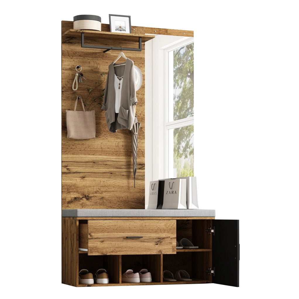 Garderoba ingresso 190 cm in effetto legno con specchio; panca imbottita e porta scarpe; colore rovere