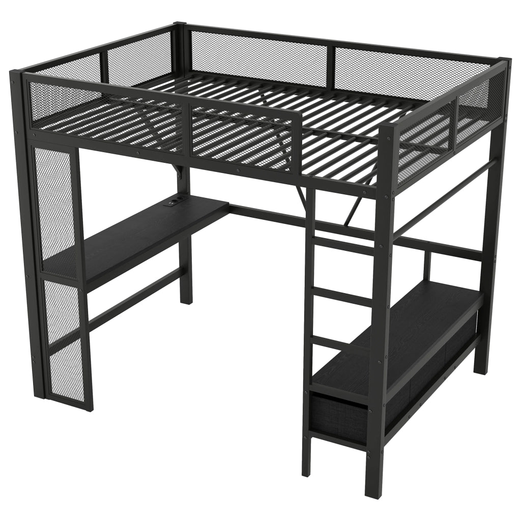 Letto a soppalco 140x200 cm in metallo nero con scrivania; LED; USB e cassetti