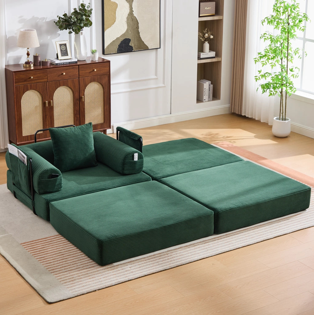 Divano modulare in velluto a coste color smeraldo con pouf; 112 x 190 x 67 cm