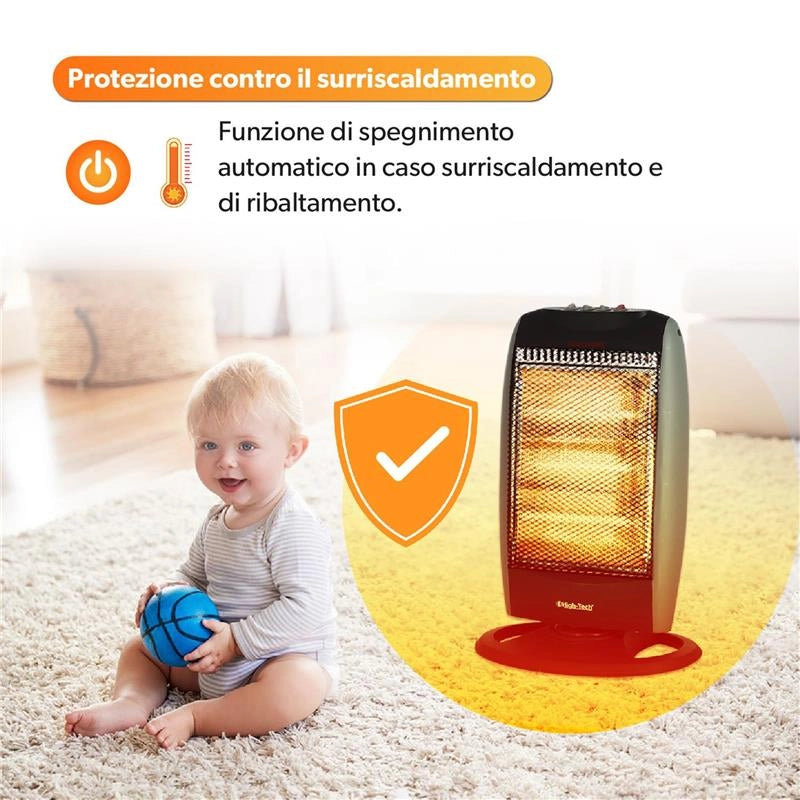 HIGH-TECH STUFA ALOGENA 400-800-1200 W 3 LIVELLI DI POTENZA SPEGNIMENTO AUTOMATICO RUOTA IN 2 DIREZIONI