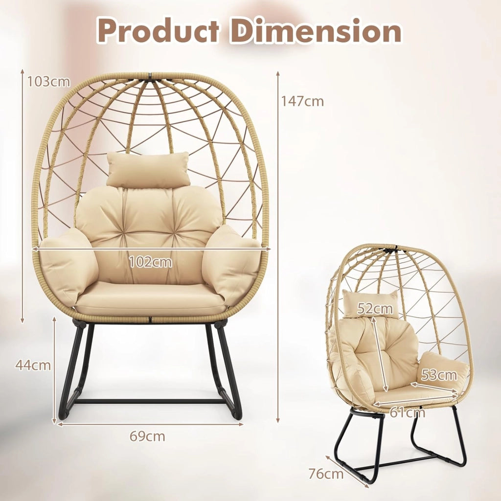 Sedia a Uovo in Vimini PE, Sedia da Giardino con Comodi Cuscini e Telaio Metallico Resistente, Capacità di Carico di 150 kg, Perfetta per Interno ed Esterno, Beige, Grigio (Beige)