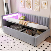 Divano letto imbottito 90x200 cm con LED; contenitore idraulico e velluto grigio
