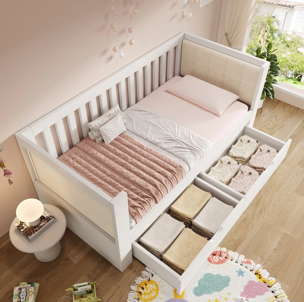 Letto singolo in legno con 2 cassetti e schienale imbottito, bianco 90x200 cm